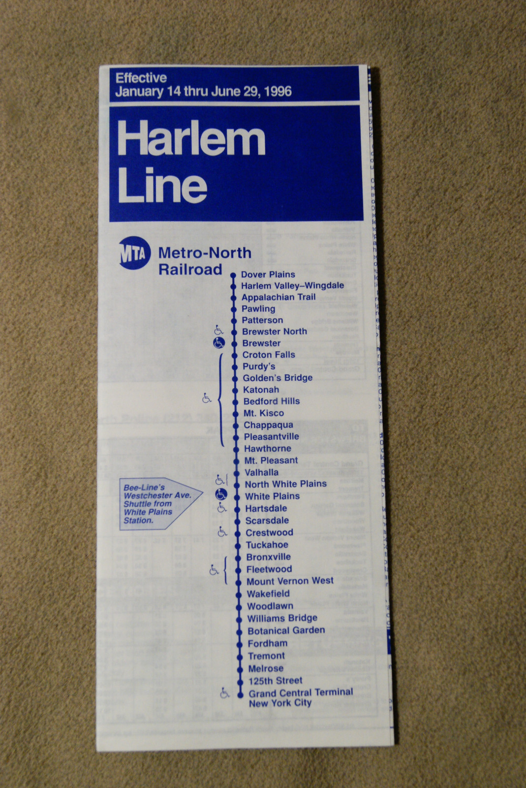 MTA – New York – Harlem Line – Jan 14 thru June 29, 1996