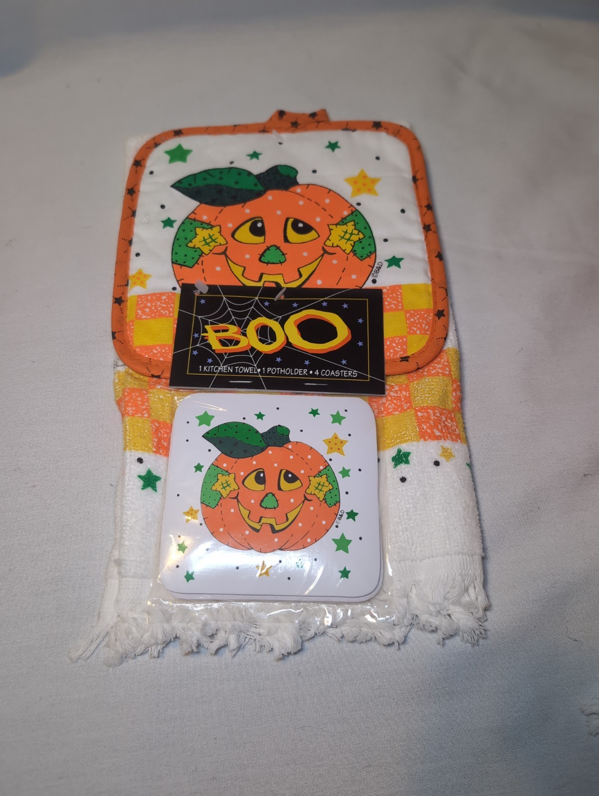 Vintage NOS Halloween Kitchen Set Hand Towel Potholder & 4 Coasters Set B&D