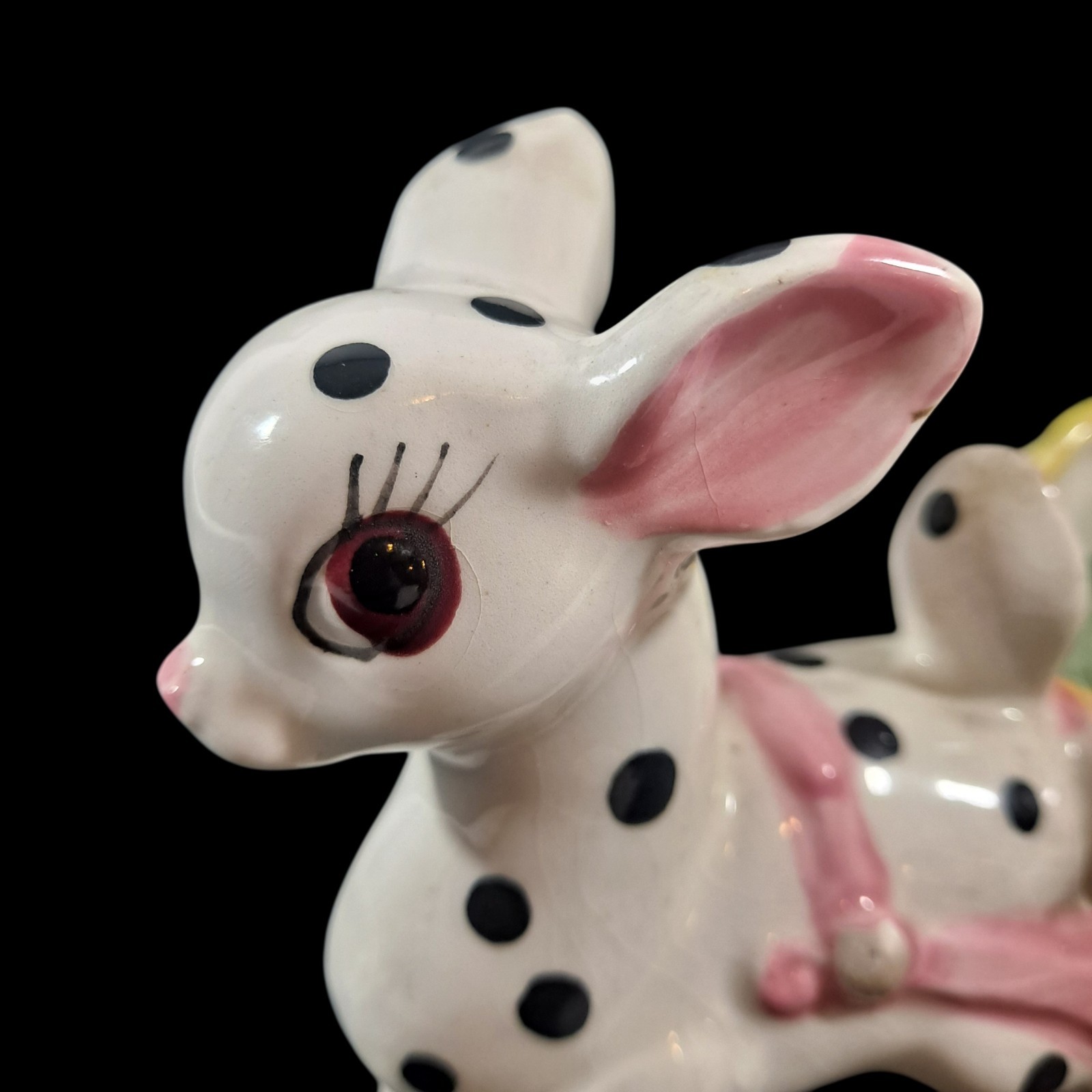 Vintage Deer Pulling Cart Planter Kitschy Black Polka Dots Mid Century Modern