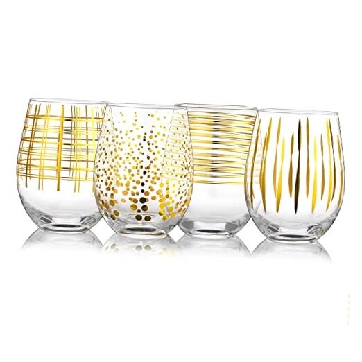 Hand Blown Stemless Wine Glasses with Gold Dots Swirls Strips Grids Patterned
