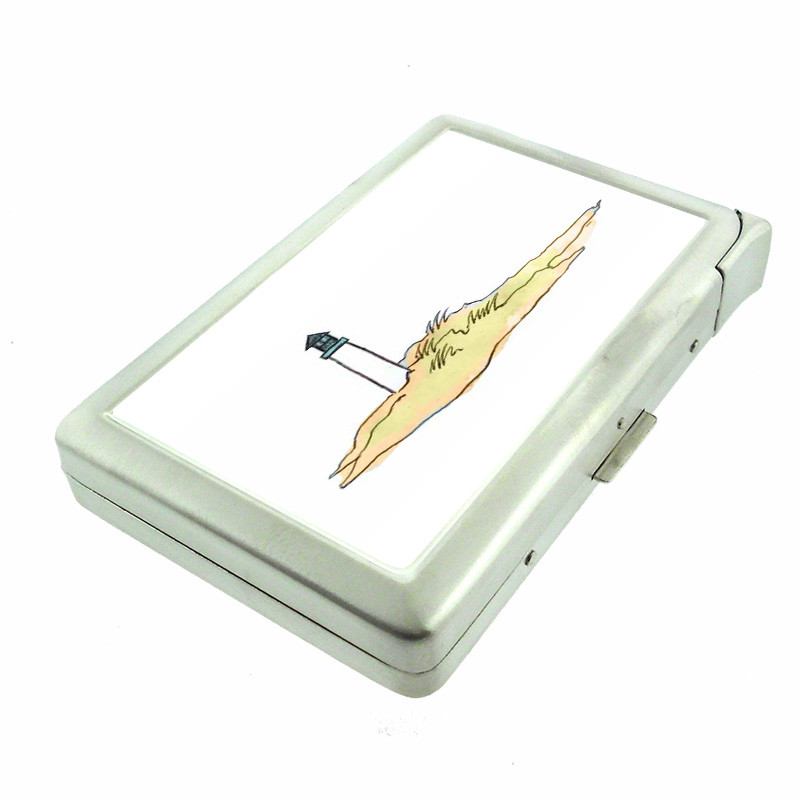Lighthouse Em1 100’s Size Cigarette Case with Built in Lighter Metal Wallet