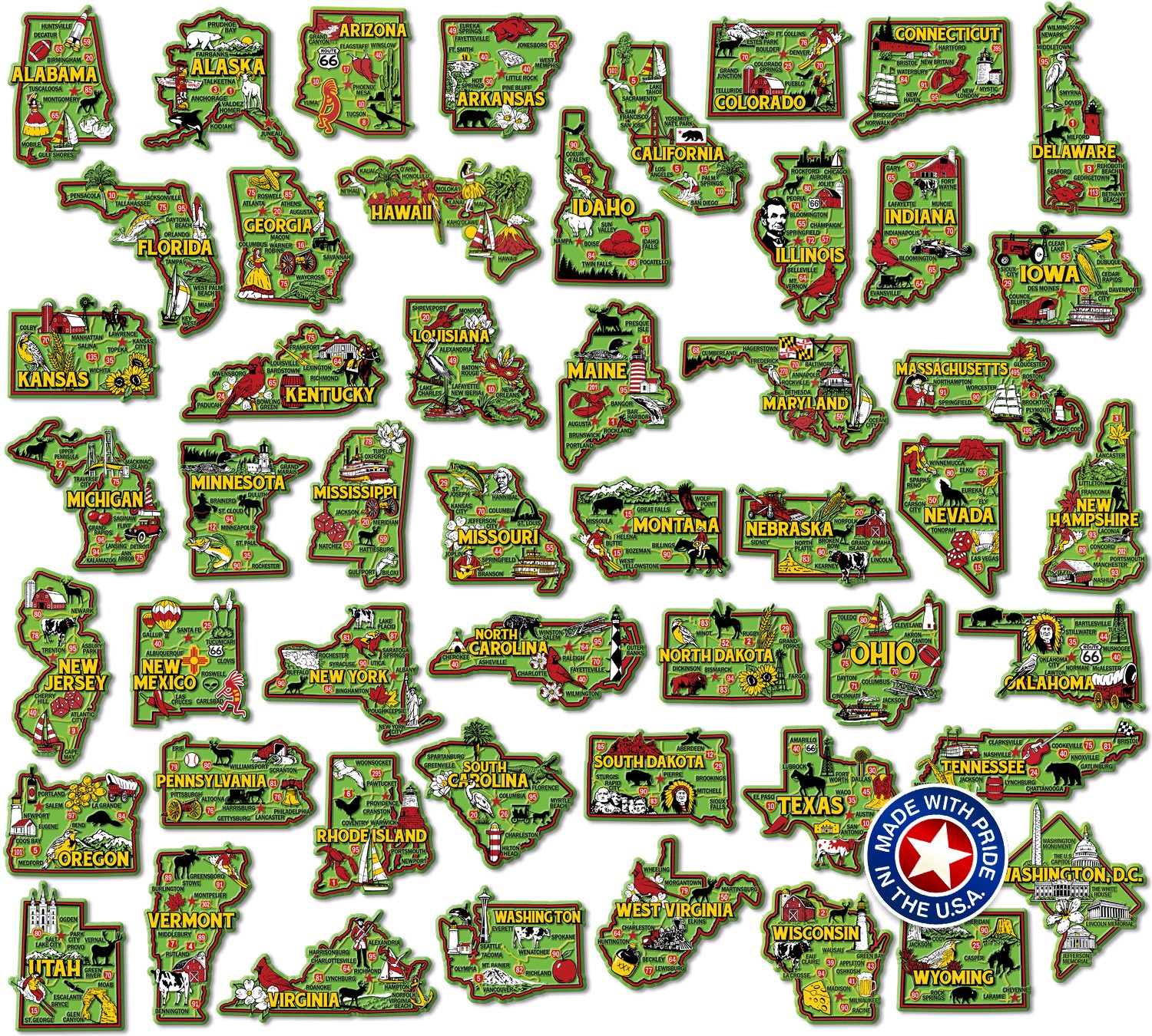 Colorful U.S. State Magnet Set by Classic Magnets, 51-Piece Set