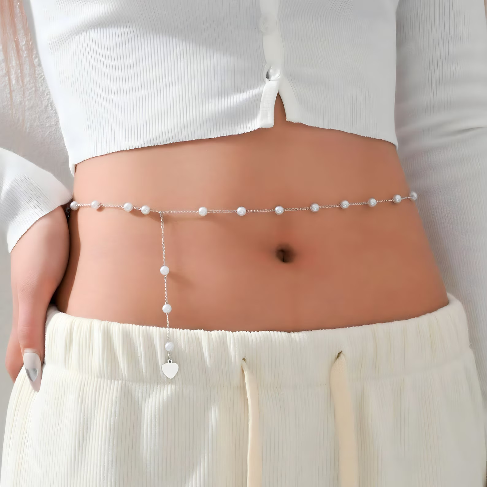 14K White Gold Over Chunky Faux Pearl Beads Adjustable Belly Waist Chain Women’s