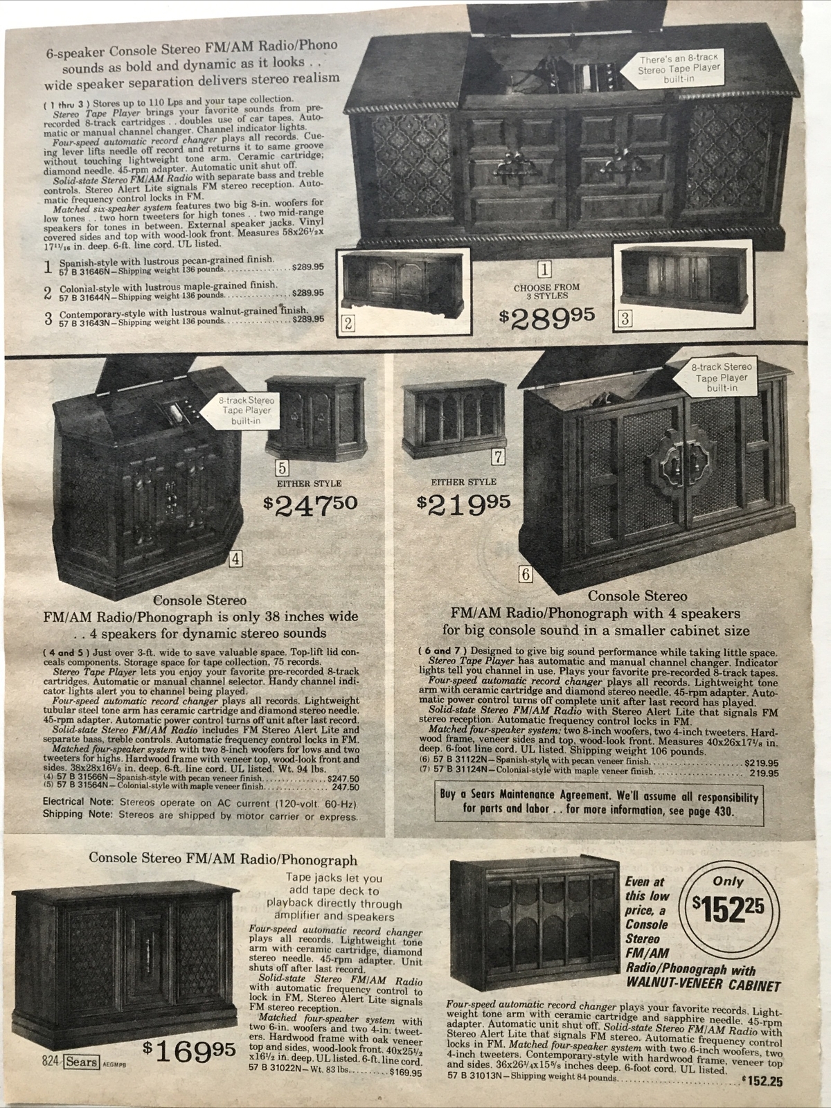 Vintage 1973 Sears 6-Speaker Console Stereo FM/AM Radio Print Ad 21x28cm SRC 824
