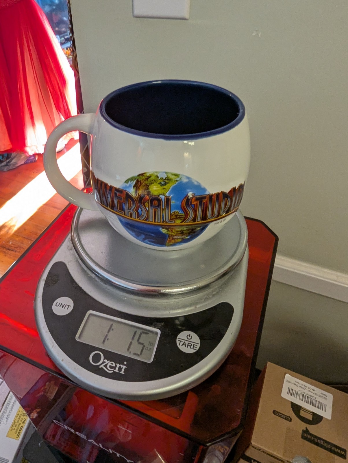 2012 Universal Studios Barrel Shape Cup Mug 3D Globe Logo White Blue Ceramic 