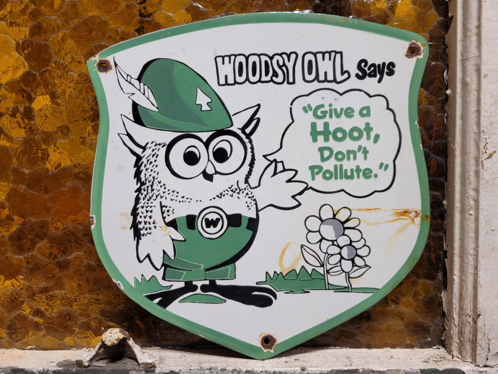 VINTAGE WOODSY OWL PORCELAIN SIGN OLD FOREST SERVICE PARK SMOKEY DONT POLLUTE