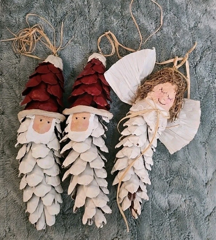 VTG Christmas Pinecone 8″ Tall Ornaments Handmade 2 Santa & 1 Angel Made In USA