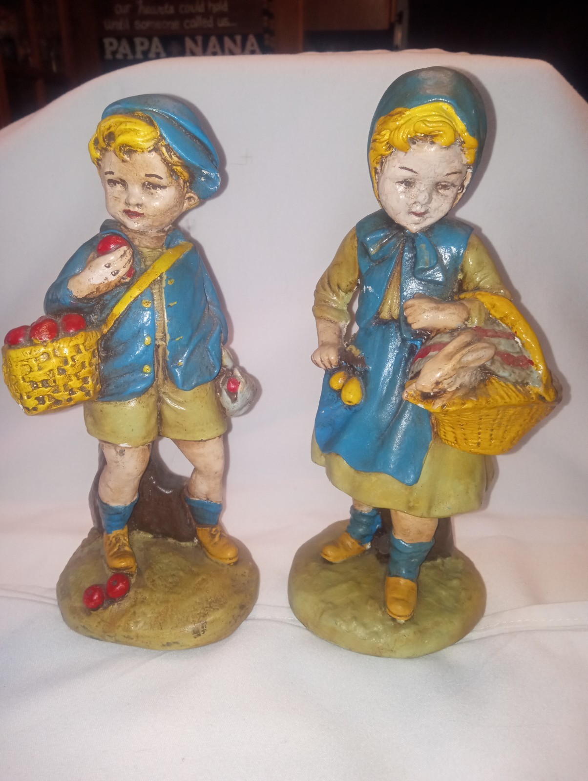 Vintage Continental Studio Chalkware Boy with Apples & Girl with Bunny 9.5″ tall