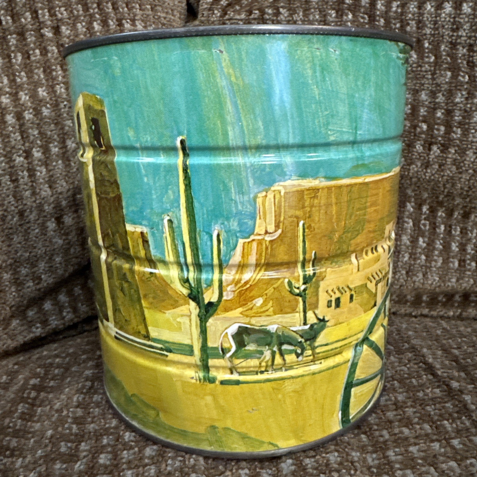 Vtg MJB Coffee Can Southwestern Adobe Western Desert Donkey Mesa Cactus Scene
