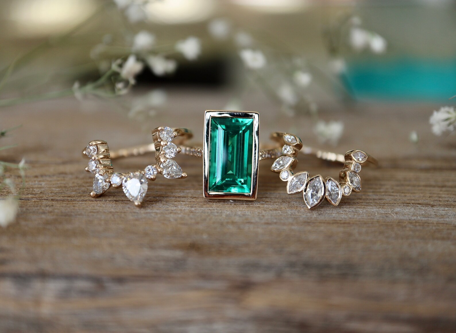 Rectangle Emerald & Diamond Halo Bridal 3 Rings Set-18K Yellow Gold Over Sizable