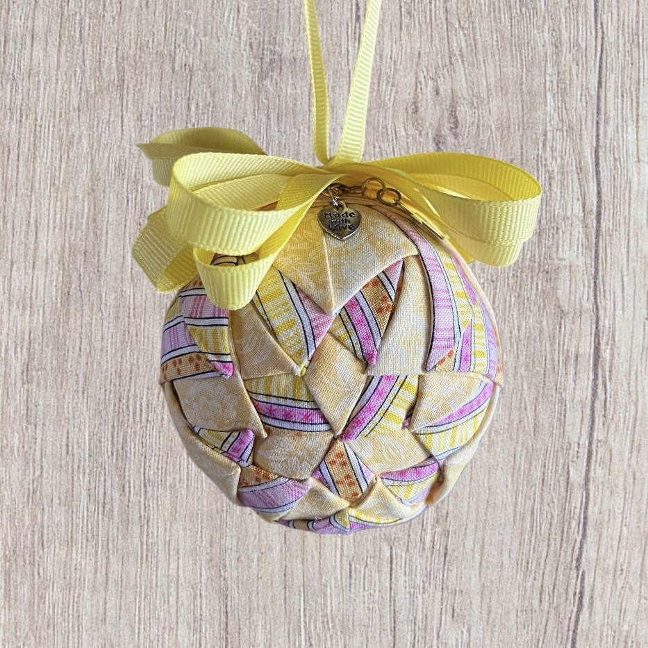 Handmade Quilted Folded Star 3″ Ball Ornament Yellow Pink Fabric Cottagecore