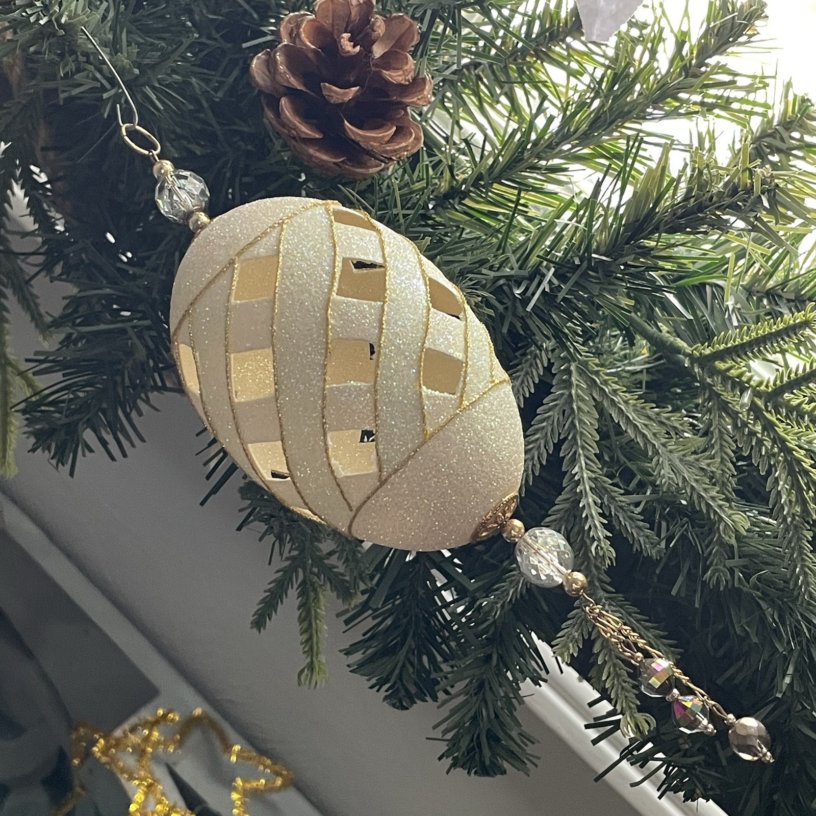Vintage Lattice Cut Out Egg Shaped Beaded Christmas Ornament