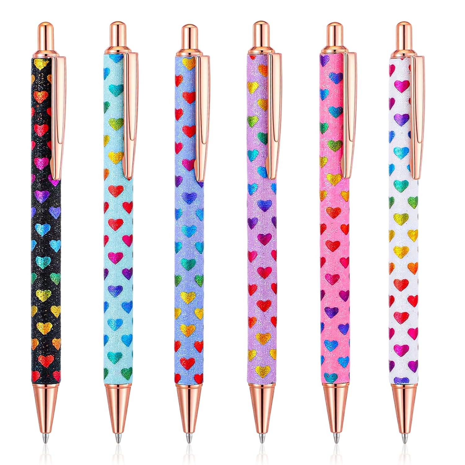 Bling Heart Glitter Retractable 1mm Ballpoint Pens Set 6PCS Decorative Pens