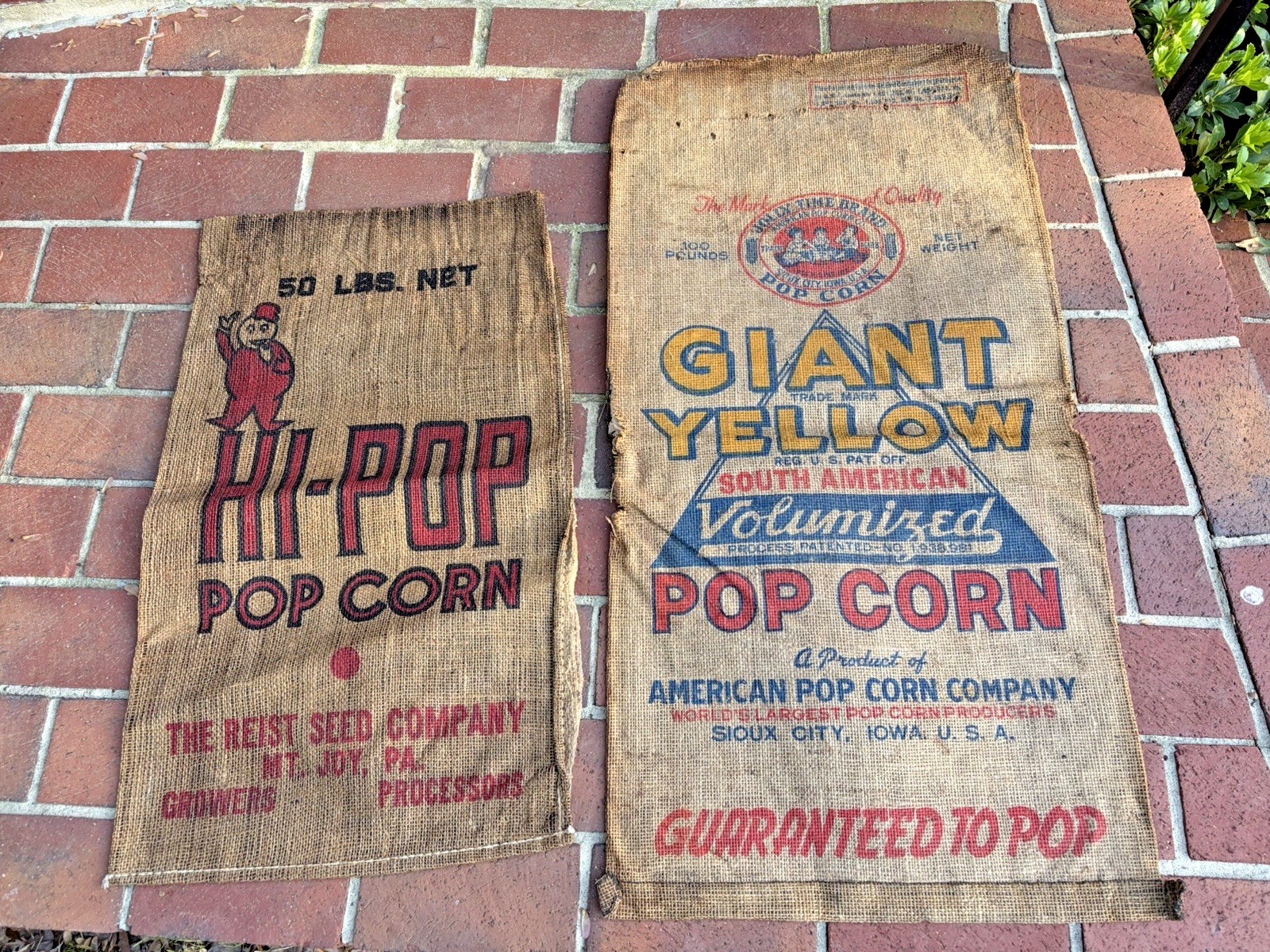 Vintage Burlap Popcorn Seed Sacks Bags Jolly Time Hi Pop Agricultural History