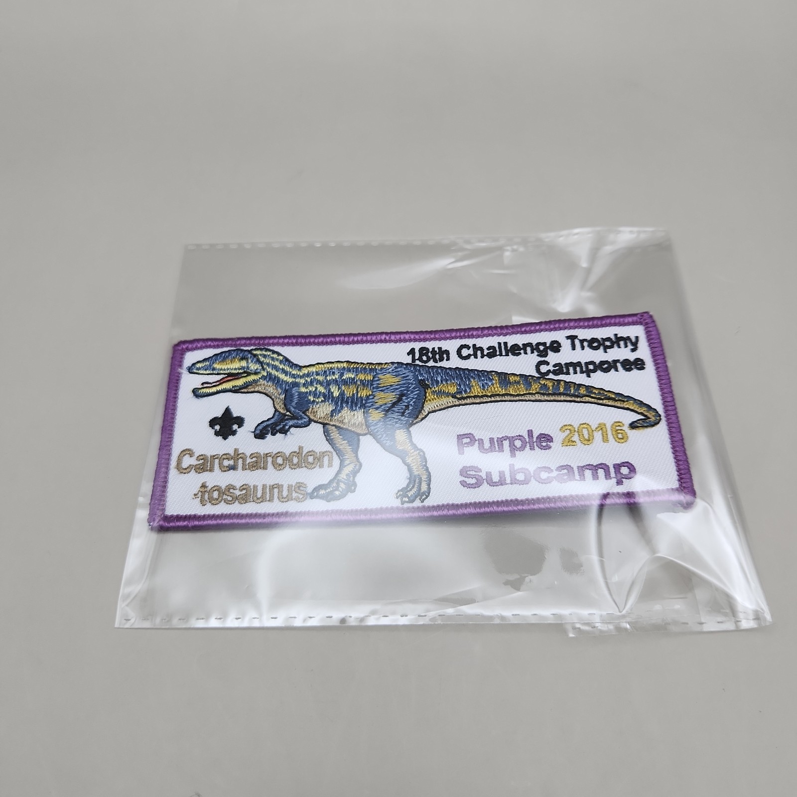 2016 BSA 18th Challenge Trophy Camporee Patch Purple Subcamp Carcharodontosaurus