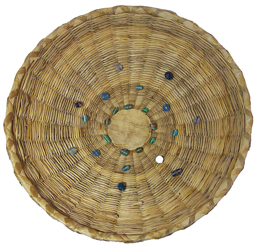 Hand Made Woven Basket with Glass Beads Signed 15.75 x 4 inches