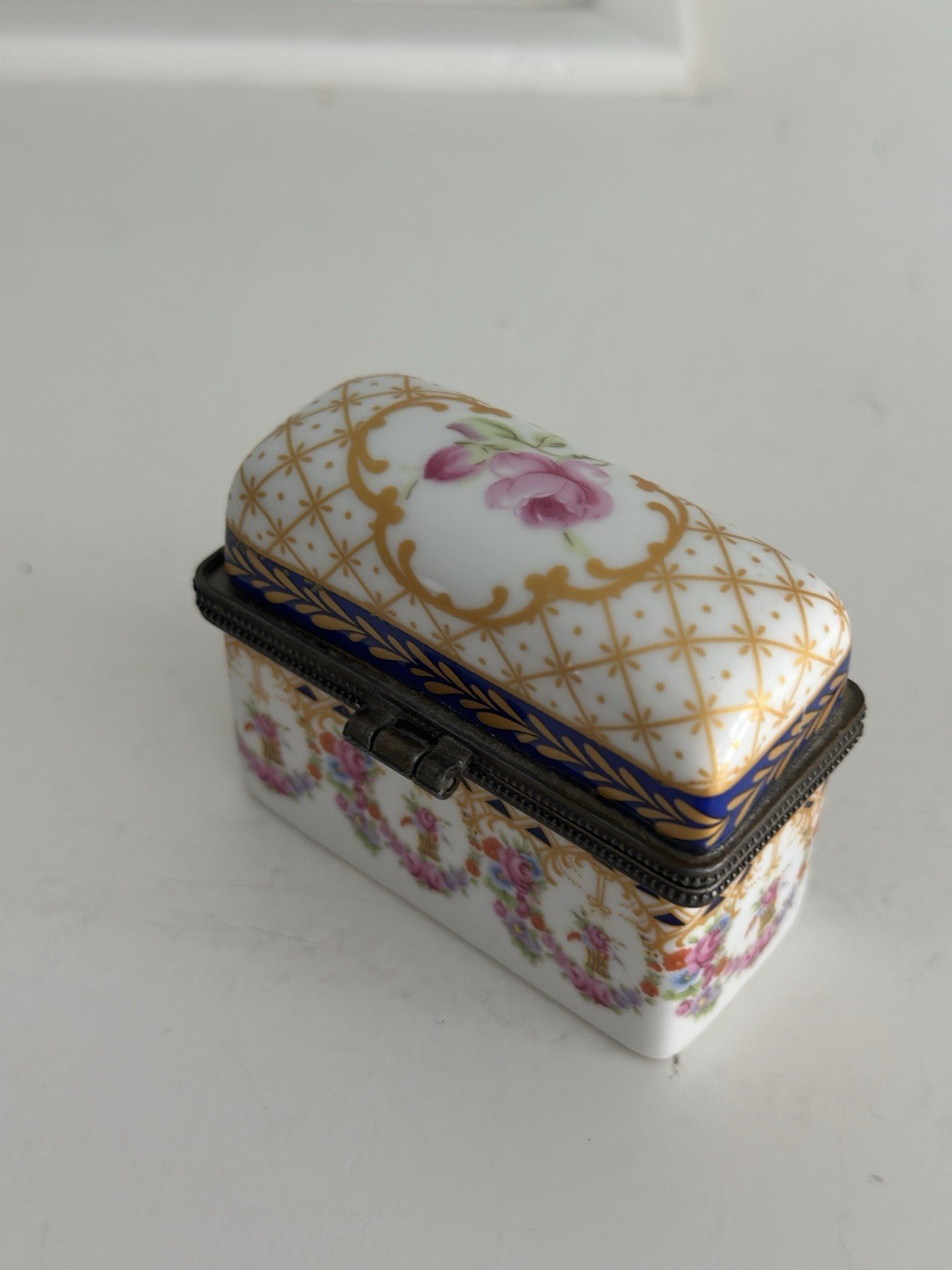 Porcelain Hinged Trinket Box with Rococo Floral Design France 1920’s