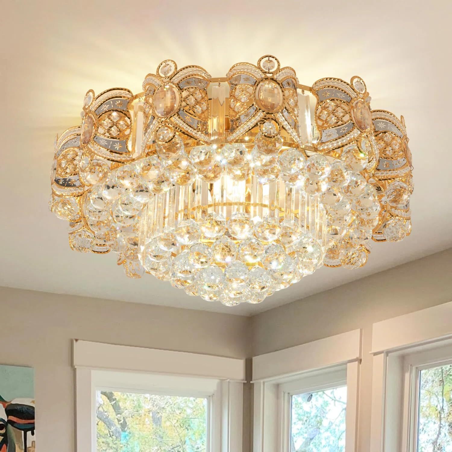 24” Modern Gold Crystal Round Chandelier Flush Mount LED Ceiling Light w/Remote