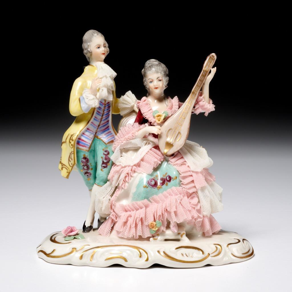Dresden Lace Potschappel Carl Thieme Pink Multicolor Musical Couple Figurine