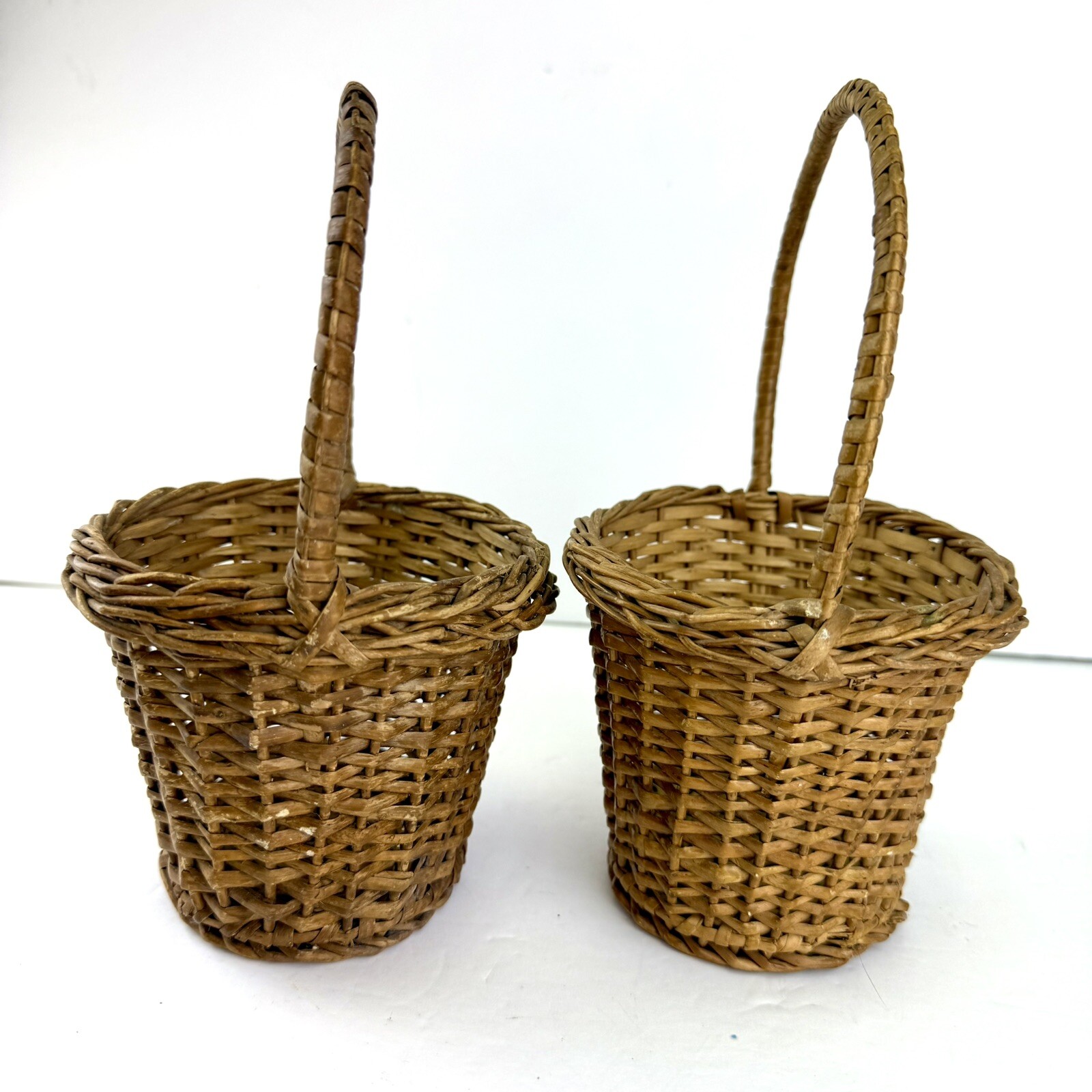 Pair 2 Wicker Baskets Handled Small 8” Brown Farmhouse Decor Basket