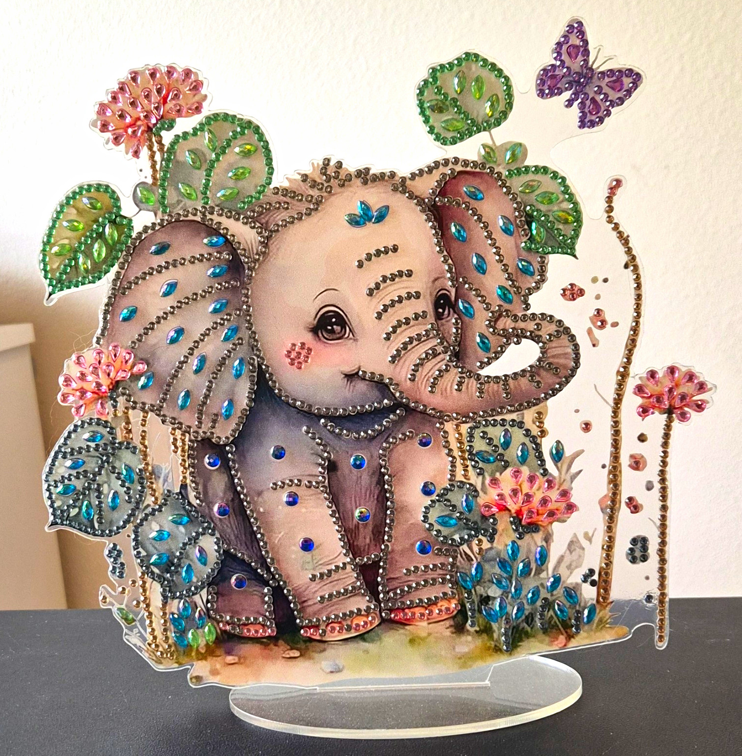 Elephant Decorative Display Figurine with Rhinestone & Beaded Accents, Butterfly