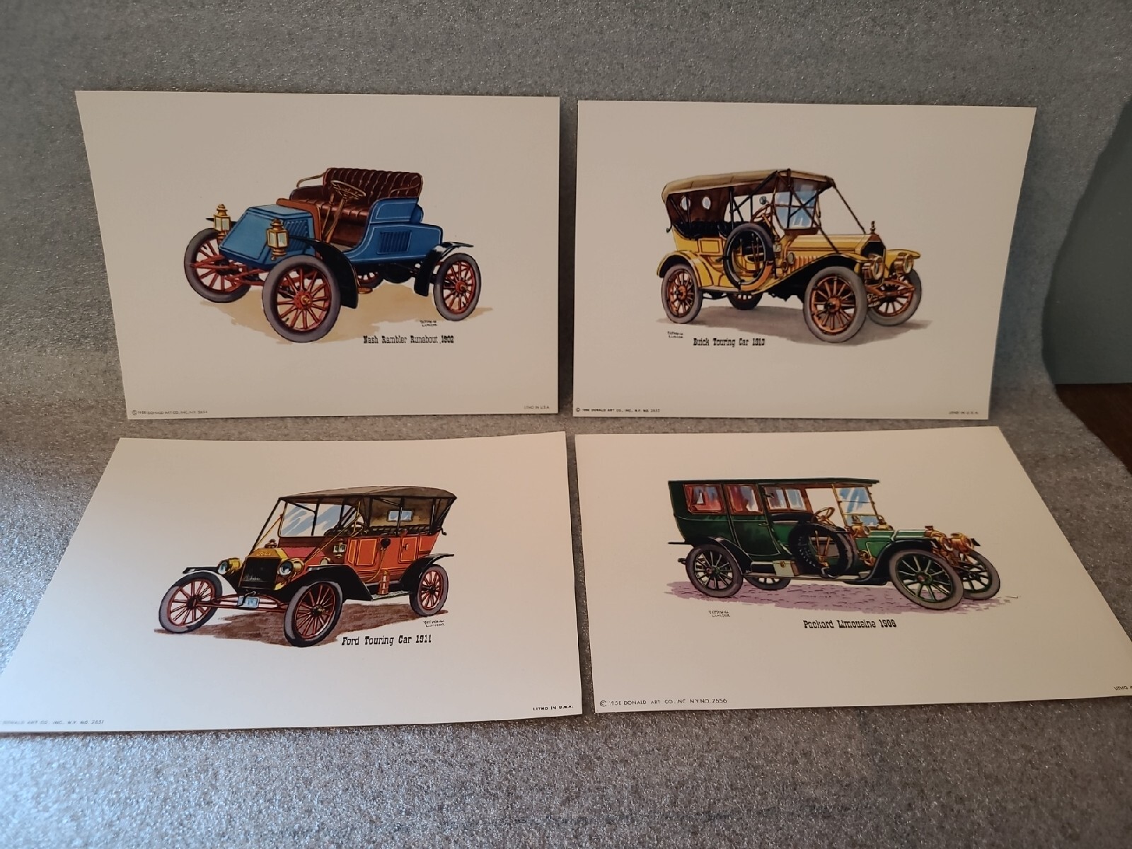 Rare 1958 Donald Art Co Frederick Elmiger ART Lithograph Antique Car Set Of 4