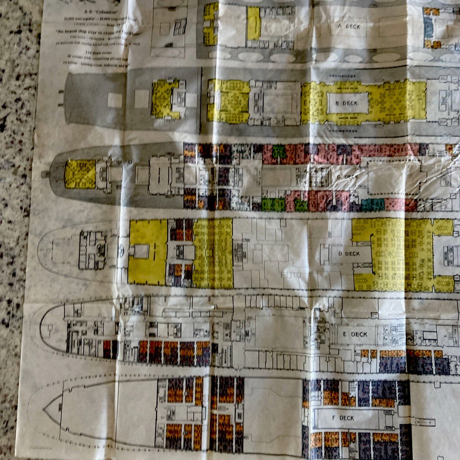 Antique Large 36”x48” Deck Plan SS Columbus Ocean Liner Steamship Diagram RARE