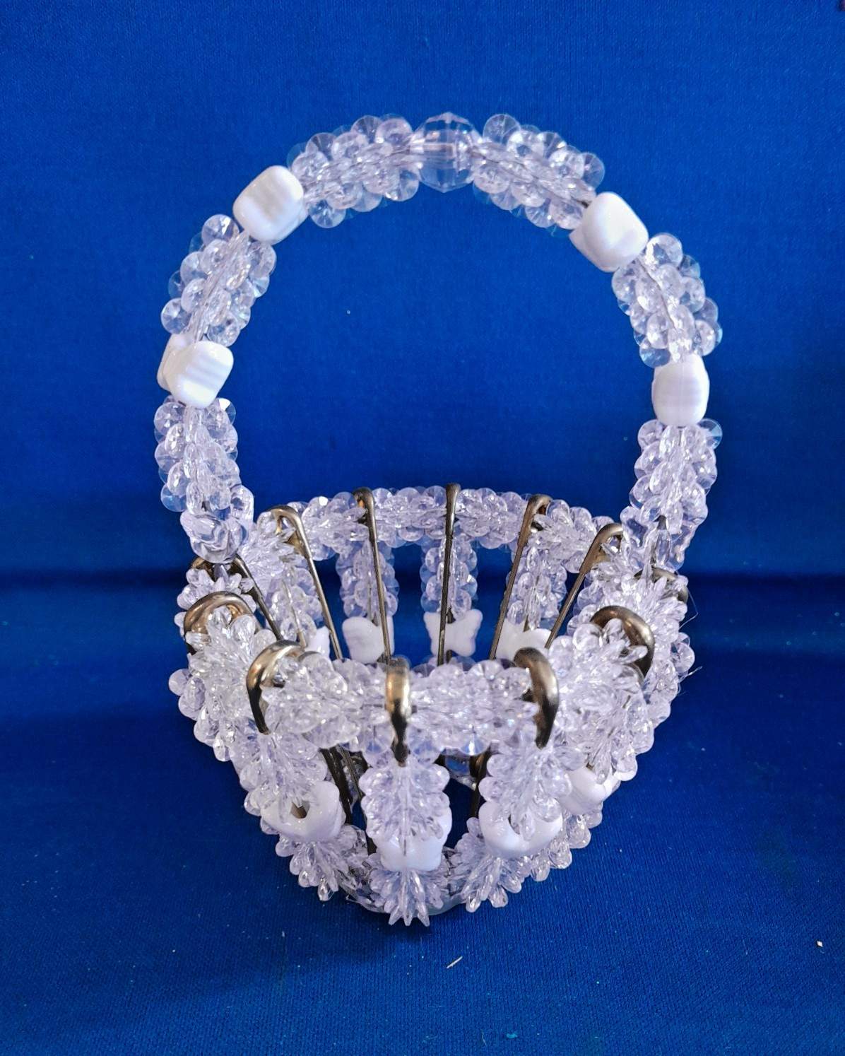 Vintage Safety Pin & Beads Basket Clear beads with White Butterfly’s Hand Made