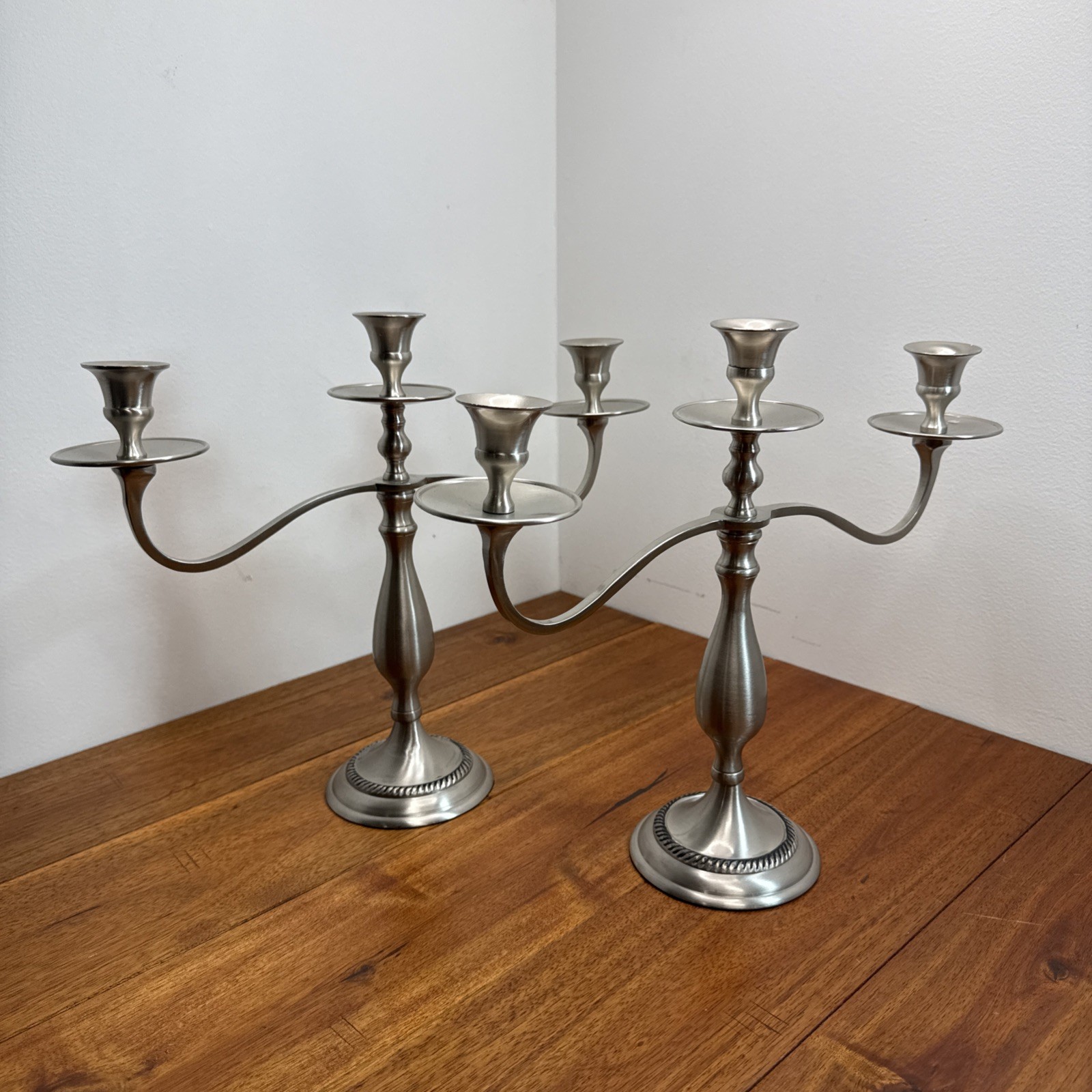 Candle Holder 3 Arm Candelabra 11″ x 13″ Pewter LOT 2 Pair India Modern