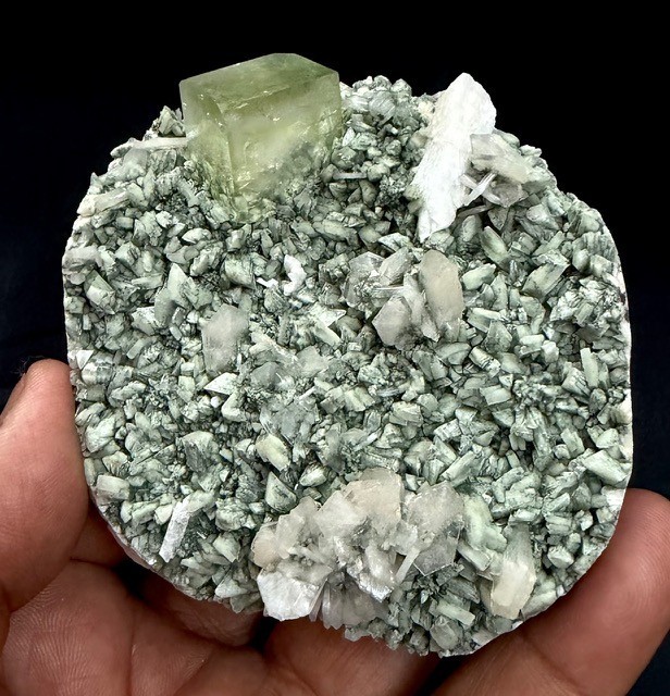 Apophyllite light green cubical crystal W/Stilbite on greenish Heulandite # 693