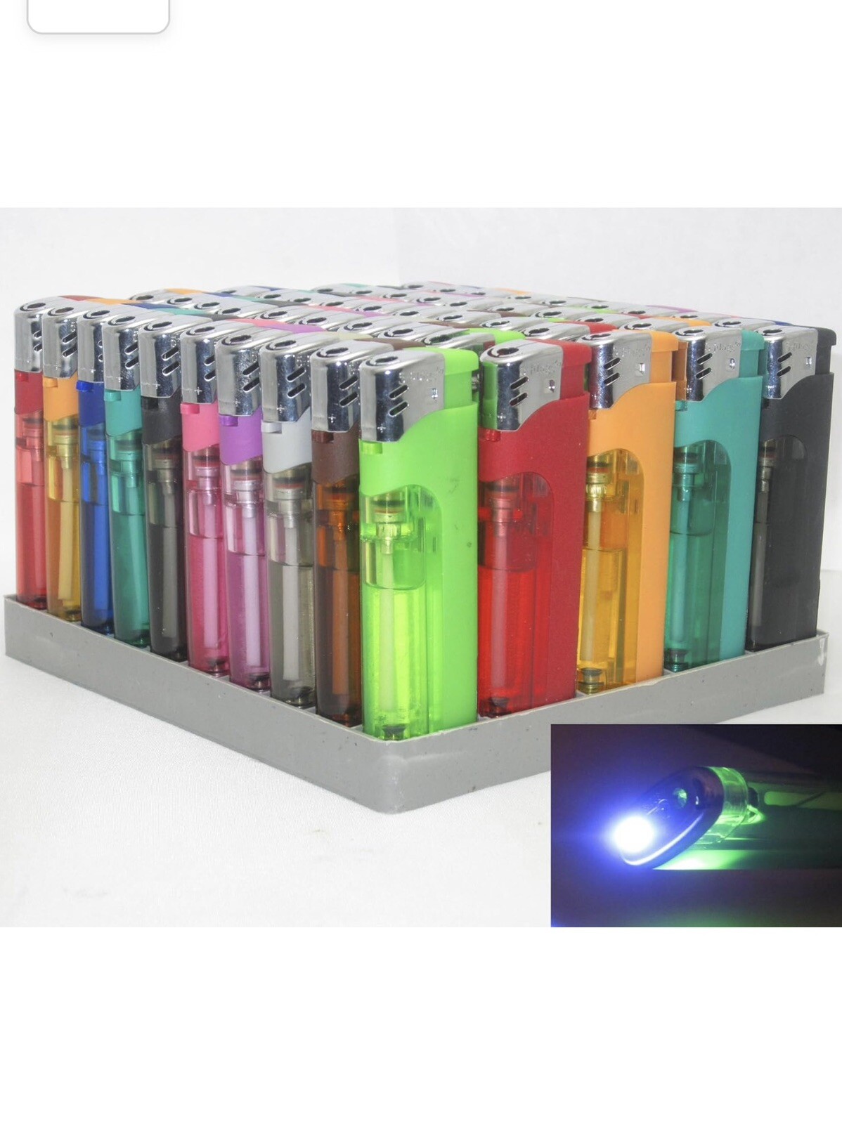 10 Pack 5-Flags Refillable Butane Lighter Ass. Colors White LED #80-82LED-W