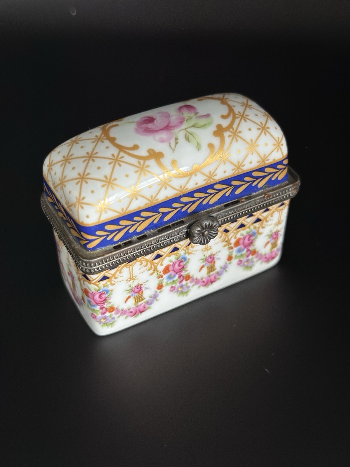 Porcelain Hinged Trinket Box with Rococo Floral Design France 1920’s