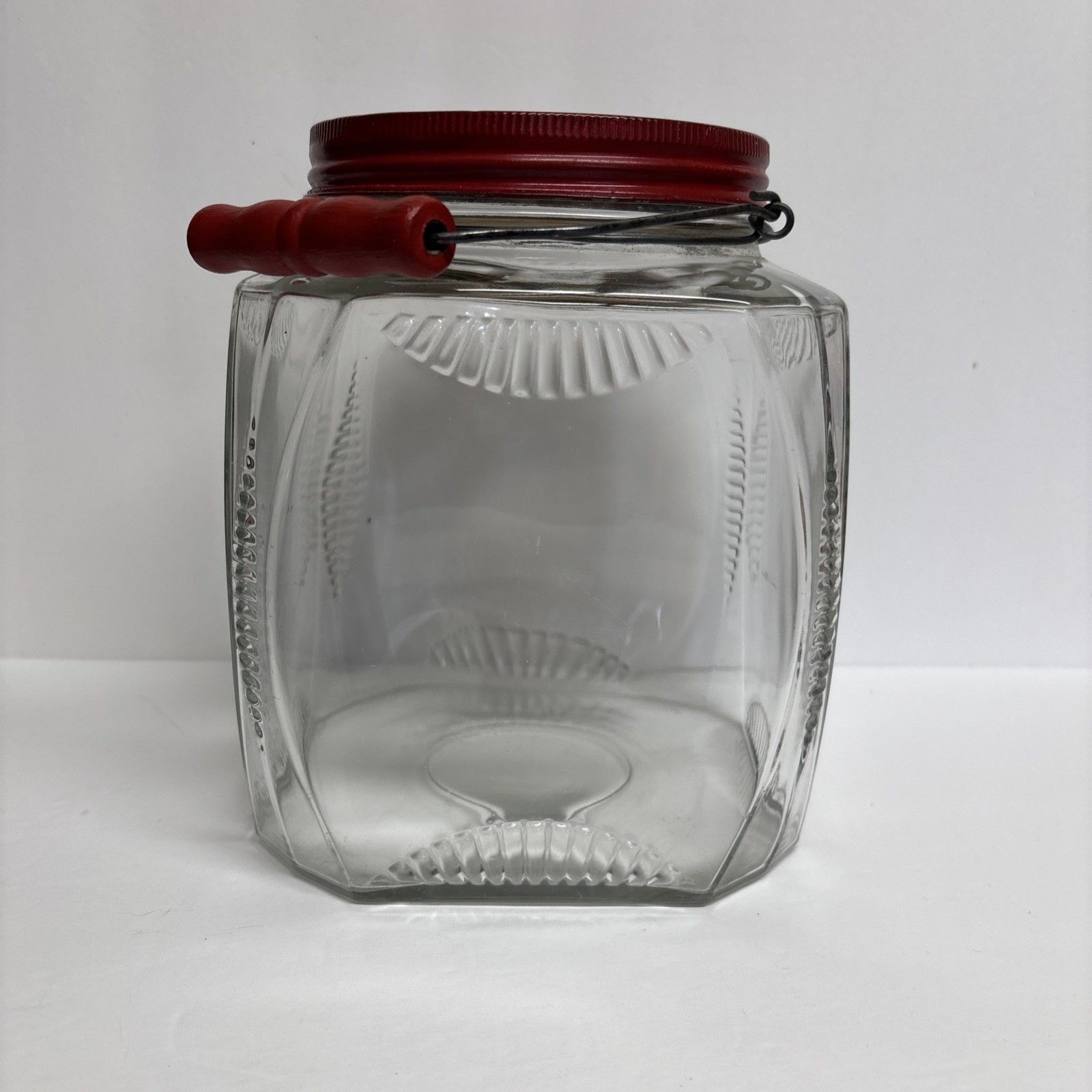 Vtg Hoosier Pantry Glass Square Ribbed Jar w/ Red Lid & Bail Art Deco Farmhouse