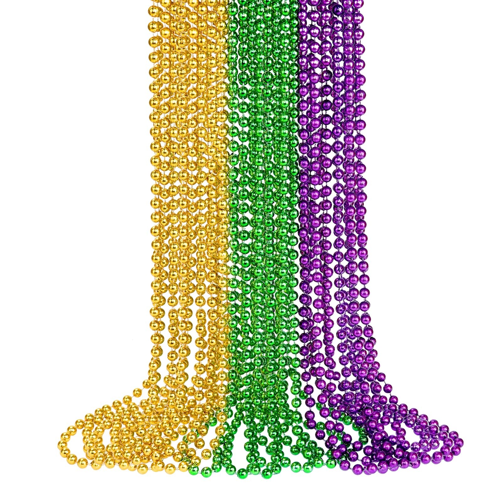 12 PCS Mardi Gras Beads, 33” Metallic Gold Green Purple Mardi Gras Necklaces Ac