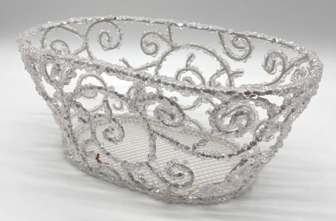 Charming Silvertone Metal Clear Beaded Basket White Clear Beads 11″ x 6″