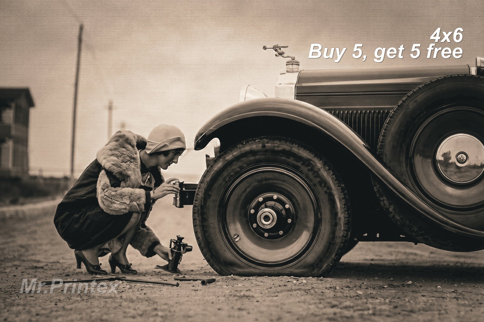 1920s Flapper Woman 💙 Vintage Car – 4×6 Photo – Roaring Twenties Style