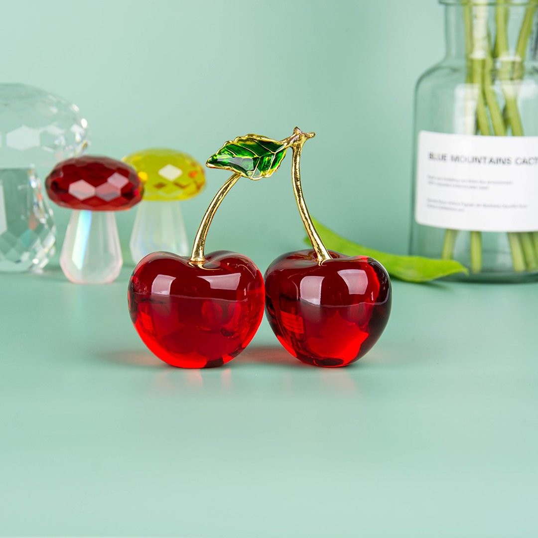 Crystal Cherry Figurine Collectible Glass Fruit Ornament Tabletop Wedding Decor