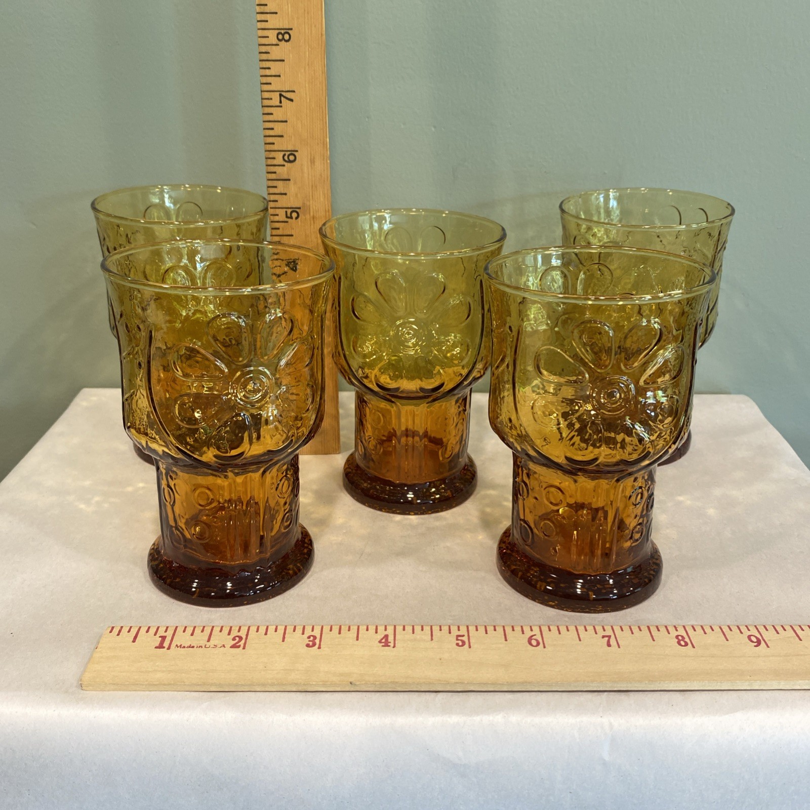 Vintage Libbey Daisy Pattern 5” Amber Drinking Glass ‘Country Garden’ Set of 5