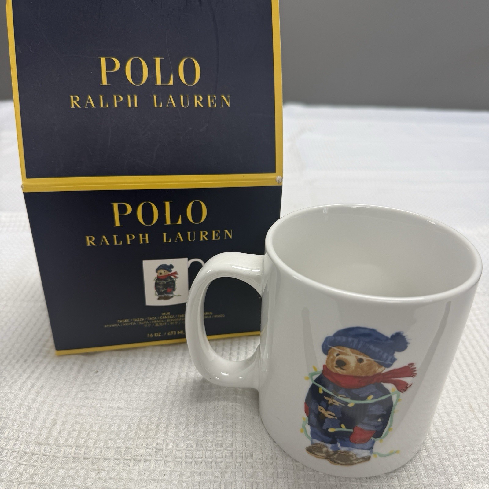 Polo Ralph Lauren Winter Coat Christmas Lights Bear Coffee Tea Mug Cup 16 oz New