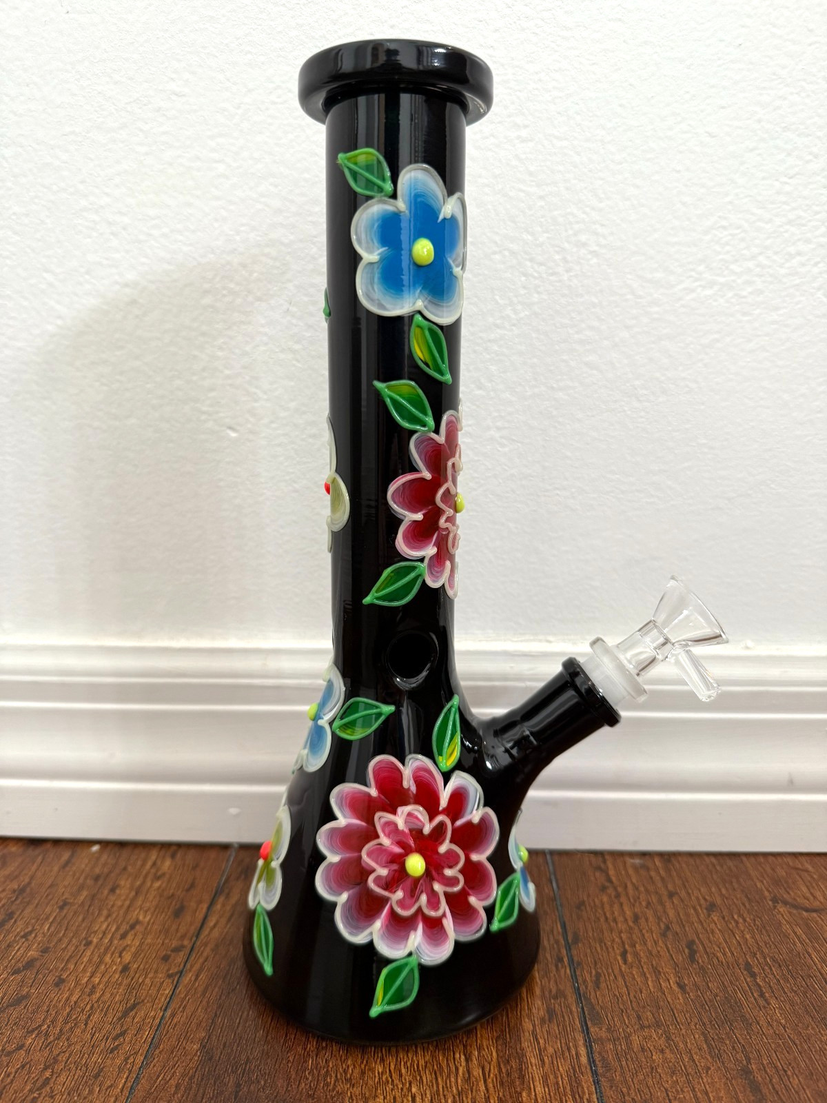 10.5” Premium Glass Water Pipe Beaker Glow in the Dark Floral 14mm
