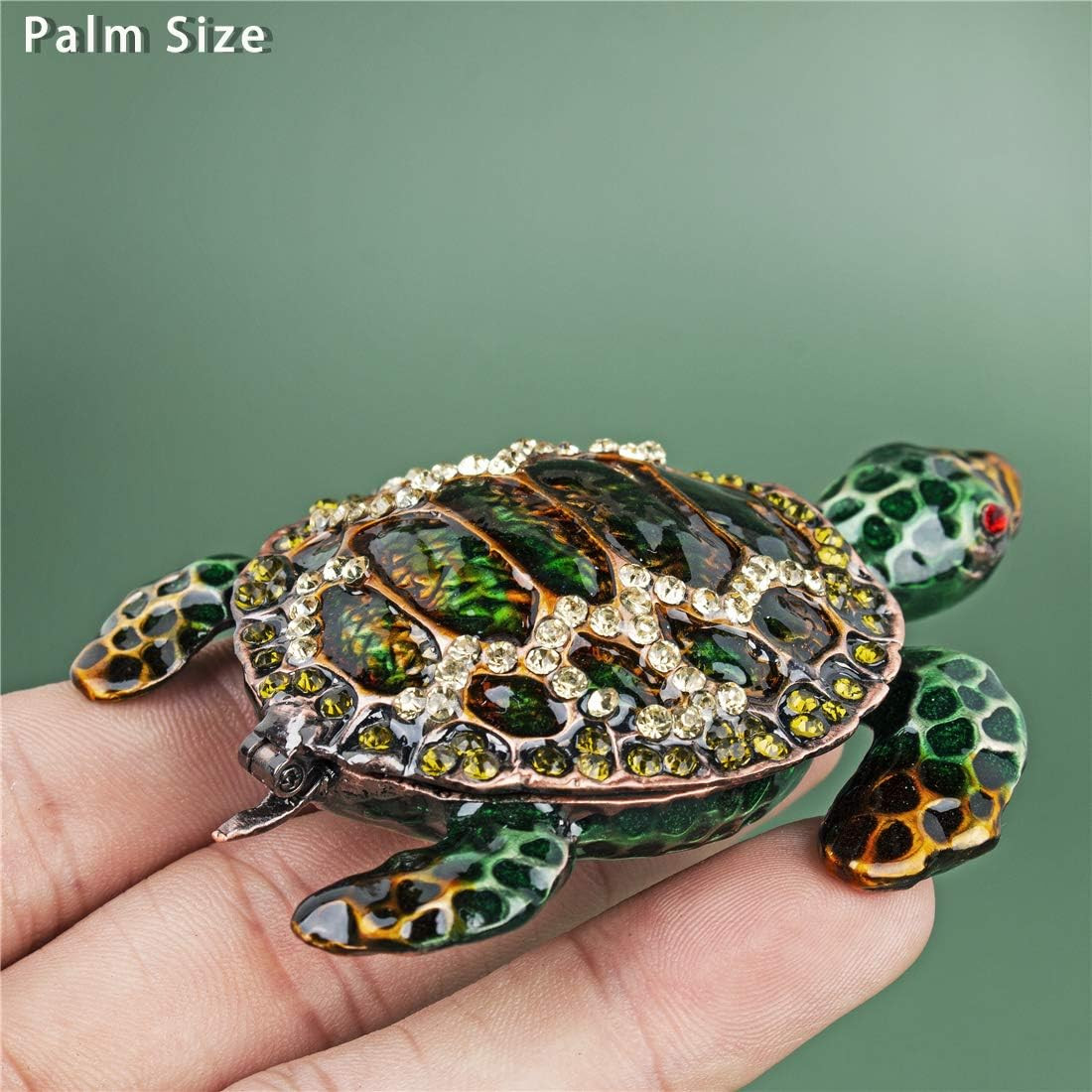 Small Turtle Trinket Jewelry Box Hinged Rhinestones Jeweled Painted Enameled Sea