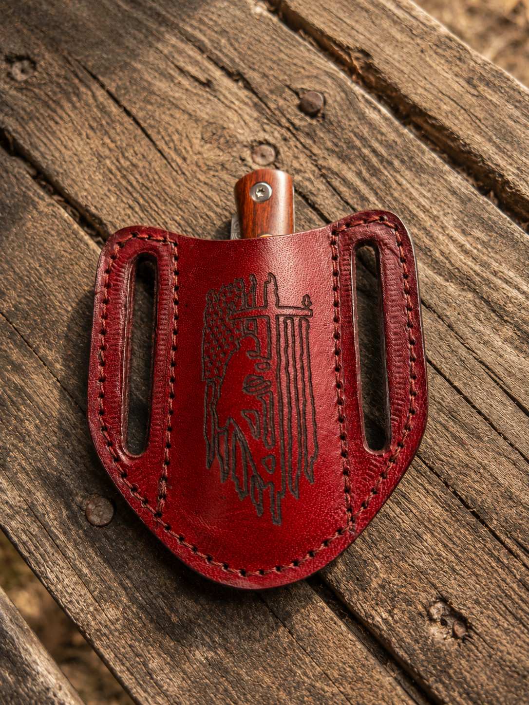Brown LEATHER ENGRAVED PANCAKE Folding Blade Knife Belt Sheath Folding Tool Case