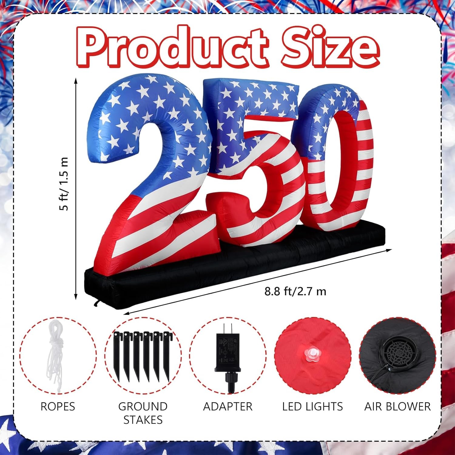 8.8Ft Inflatable 250Th Anniversary Decoration, Blow up 4Th of July Patriotic Dec