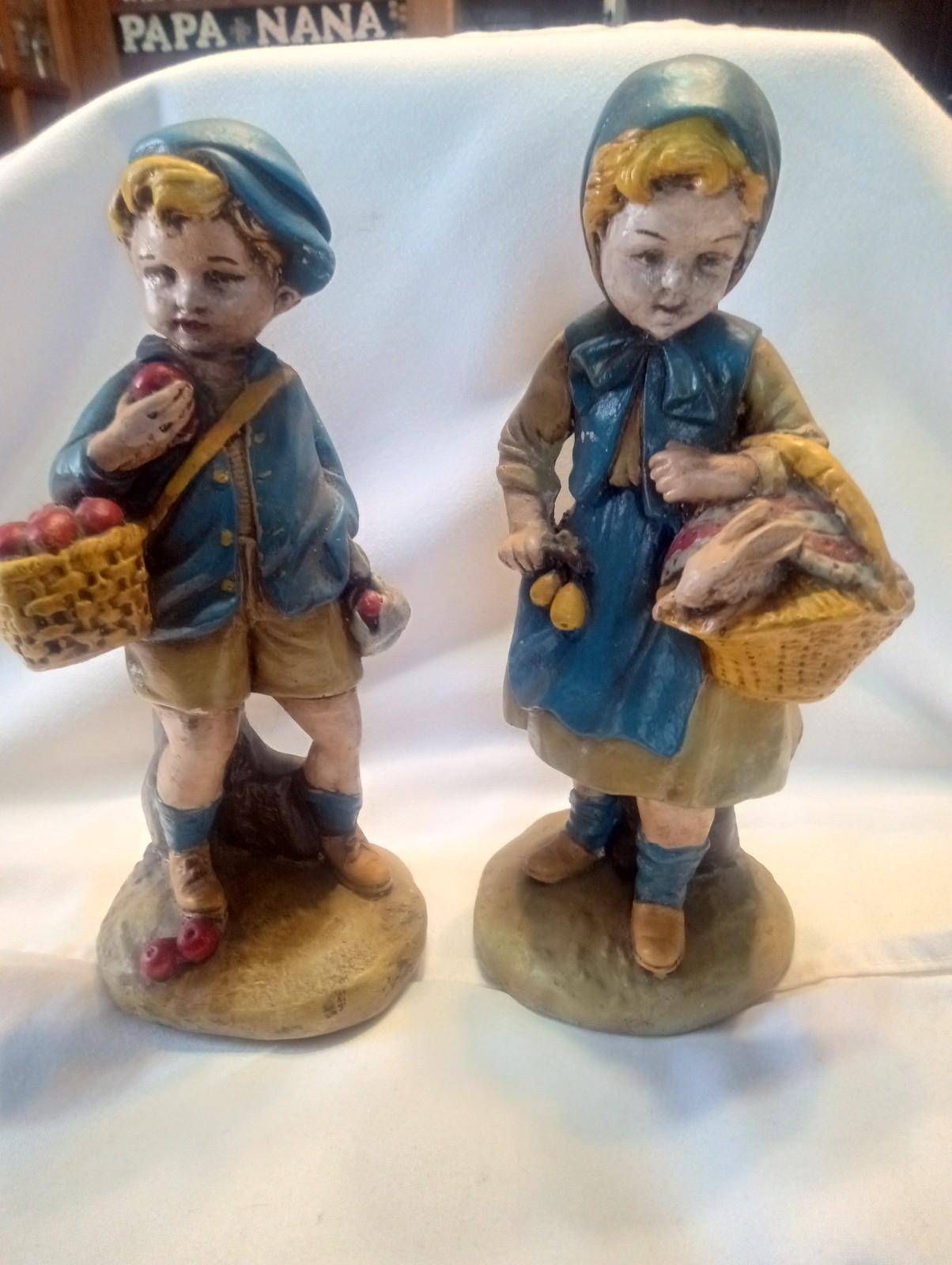 Vintage Continental Studio Chalkware Boy with Apples & Girl with Bunny 9.5″ tall