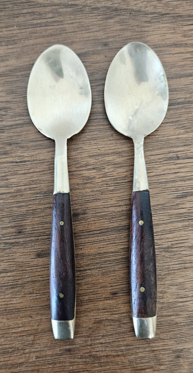 2 MCM Demitasse Tea Spoons Brass Teak Wood w Rivets Vintage Thailand 4.5″