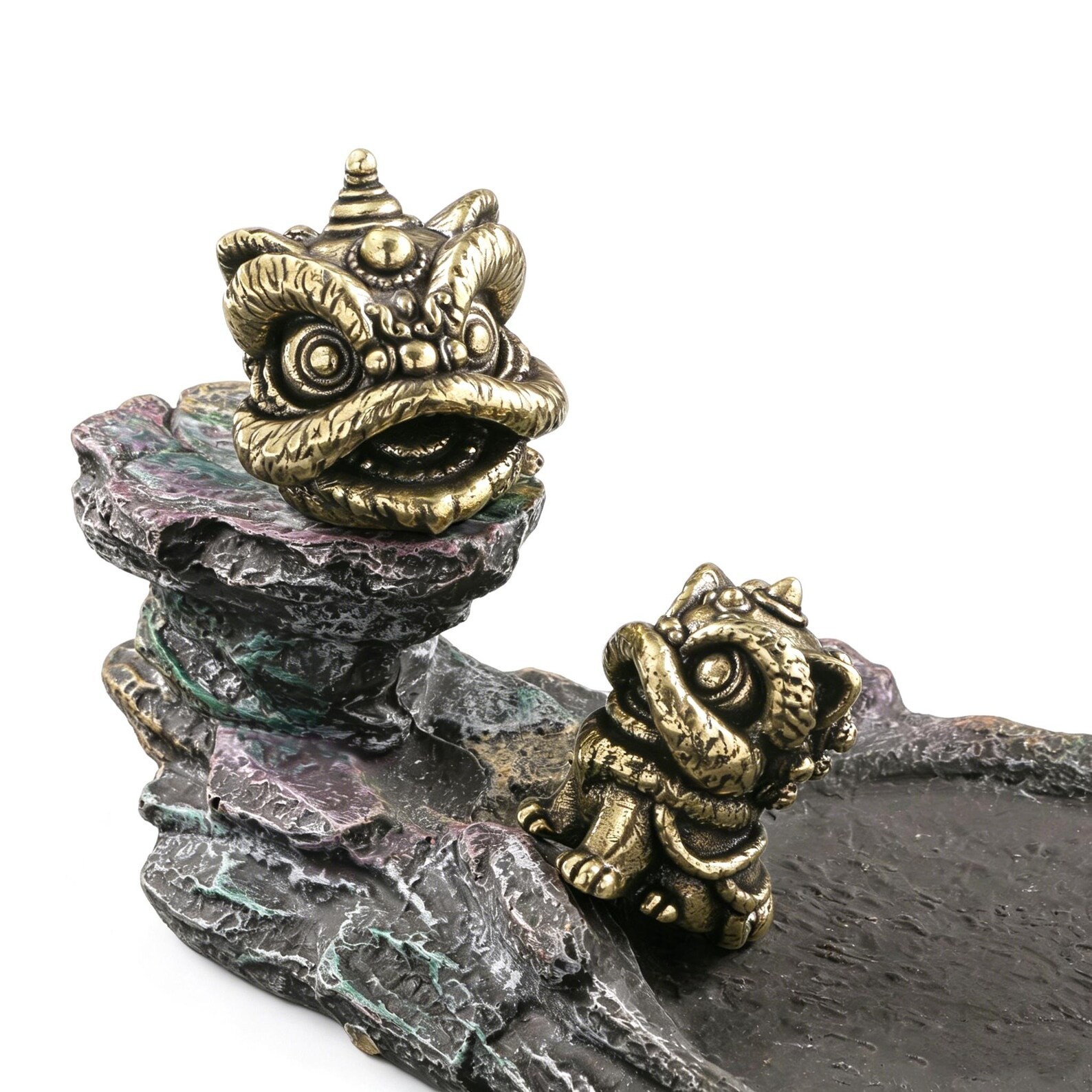 Vintage Solid Brass Chinese Lion Figurine Set, Dance Lion Head Statue Ornament