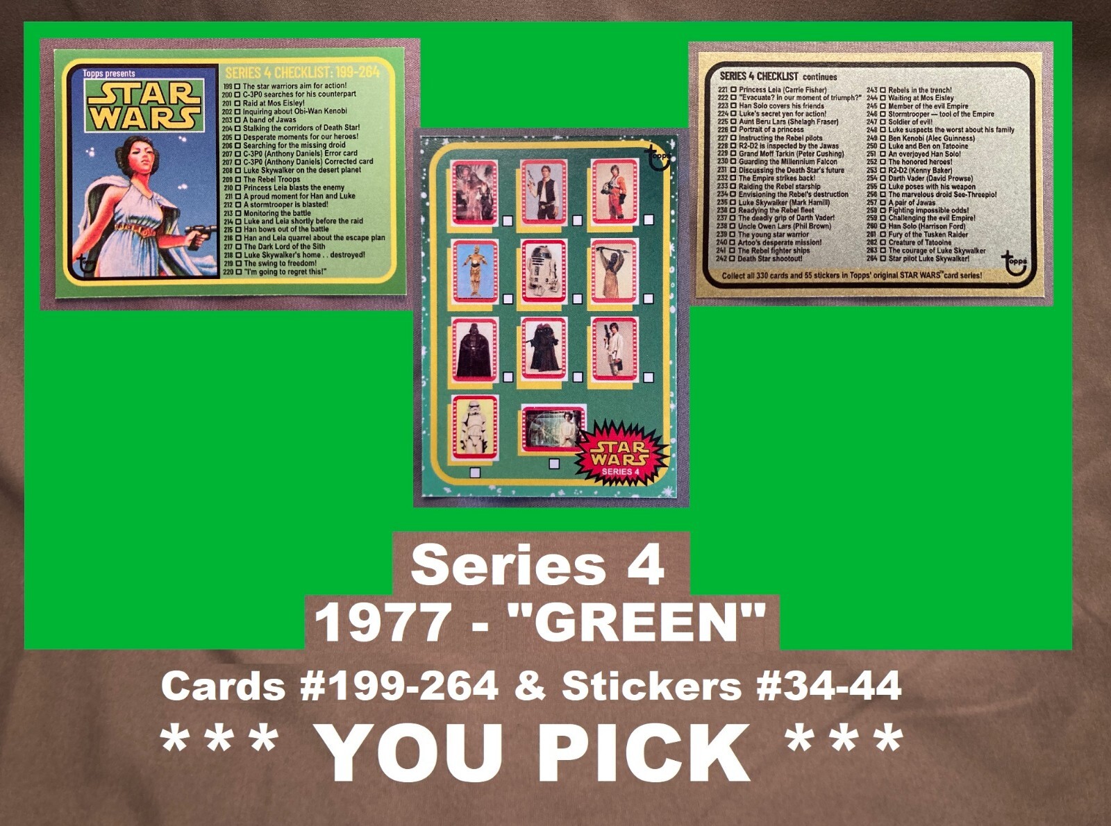 Topps STAR WARS SERIES 4 🟢🔴⚫️ 1977 Single CARD/STICKER Pick: #199-264/34-44