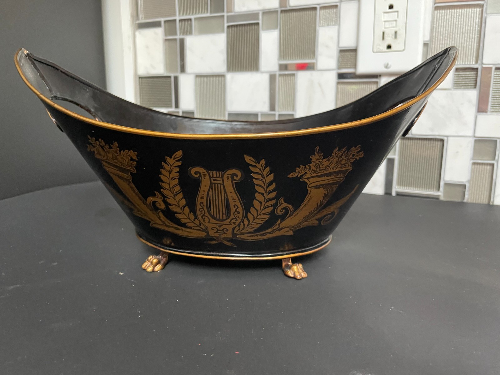 Oval Footed Cachepot Centerpiece Bowl Black/Gold Metal Toleware 12.25″x7.75″x6″