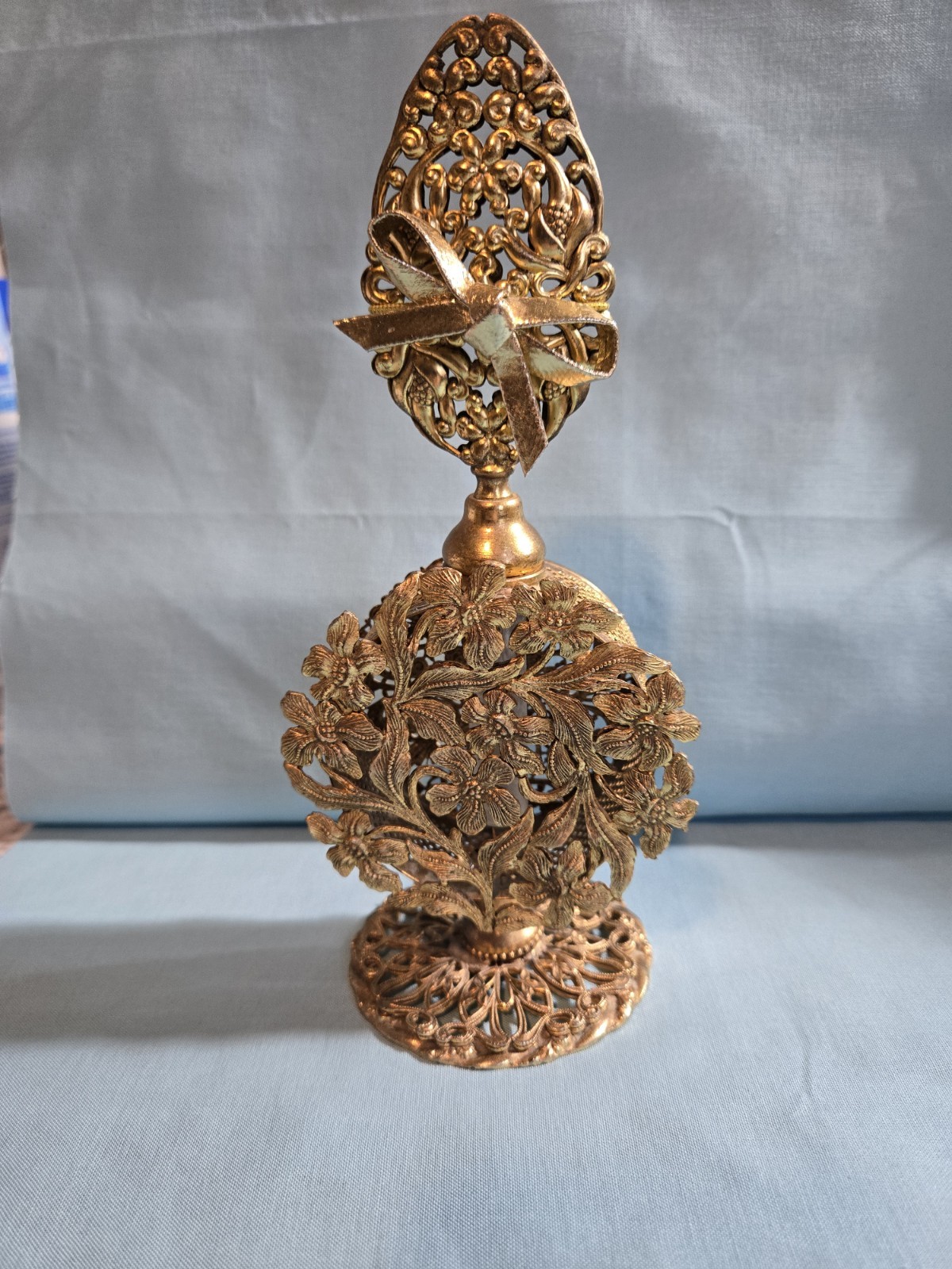 Vintage Ormolu Gold Filigree Perfume Bottle. 7.5 in. tall.