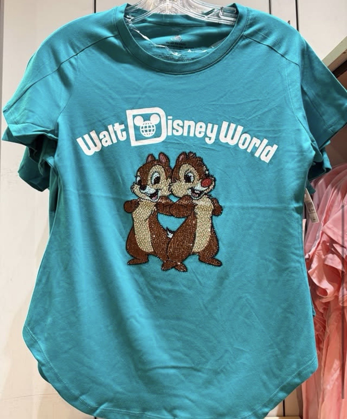 Large L Walt Disney World Chip and Dale Sequined Rhinestone Women’s T-Shirt Teal